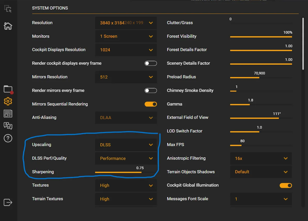 DCS Launcher settings for DLSS upscaling