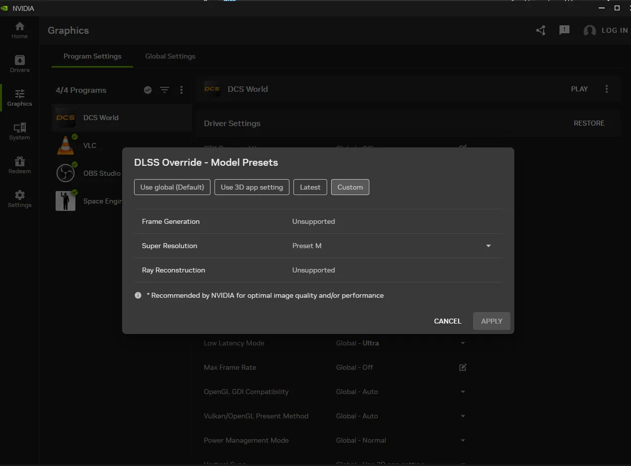 NVIDIA App DLSS override settings for DCS World